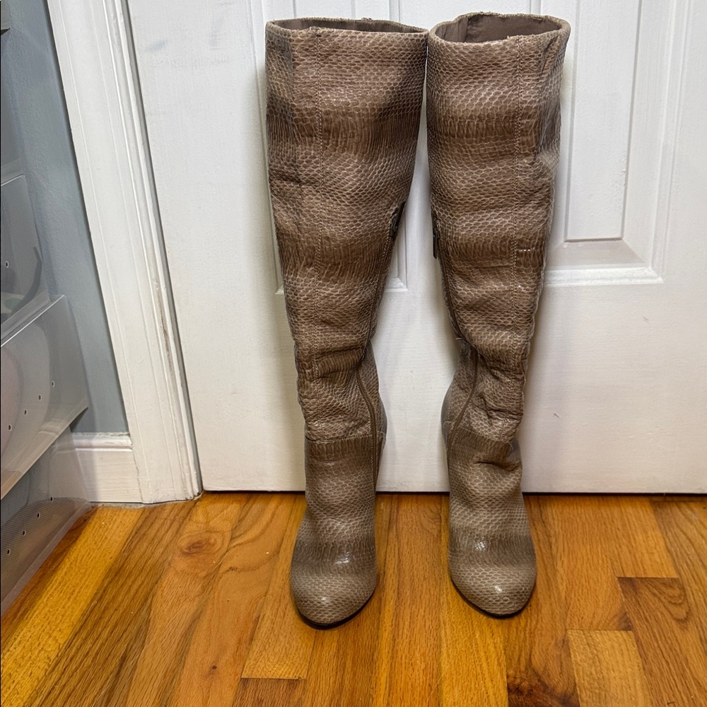 Colin Stuart Taupe Snake Print Knee-High Boots - Size 9
